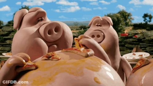 Two Pigs Are Eating Pizza Together In A Cartoon Illustration GIF