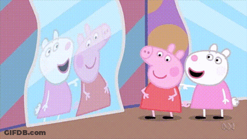 Two Pigs Looking At Their Reflection In A Mirror With The Letters Abc On The Bottom Right GIF