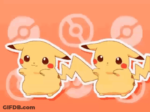 Two Pikachu Are Standing Next To Each Other On A Red Background GIF