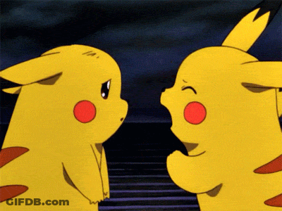 Two Pikachu Standing Together One Making Funny Face GIF