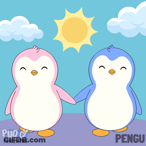 Two Pink And Blue Penguins Are Holding Hands In Front Of A Sun And Clouds GIF
