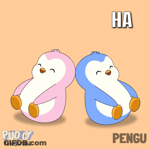 Two Pink And Blue Penguins Are Sitting Next To Each Other With The Words " Ha Ha Ha " Written Above Them GIF