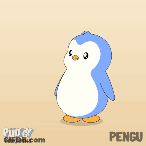 Two Pink And Blue Penguins Are Standing Next To Each Other On A Poster That Says " Pudgy Penguins " GIF