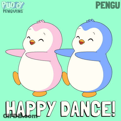 Two Pink And Blue Penguins Dancing Happy Dance GIF