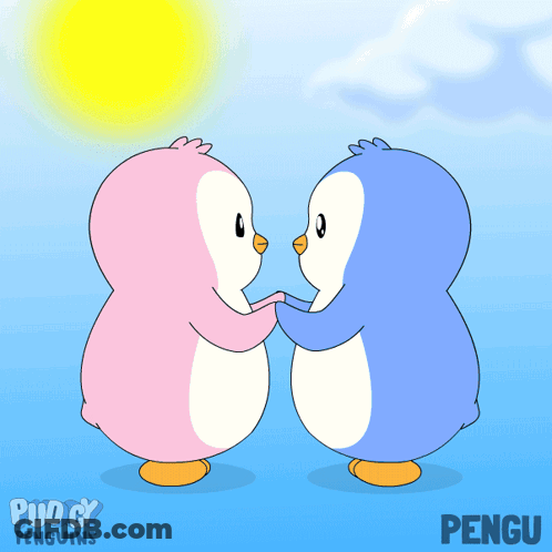 Two Pink And Blue Penguins Hugging Day Pengu GIF