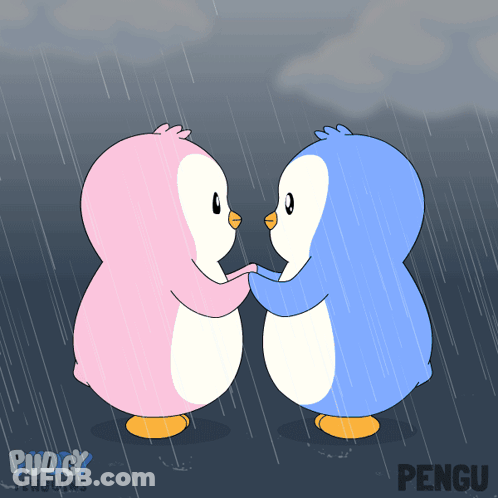 Two Pink And Blue Penguins Hugging In Rain With Pengu GIF