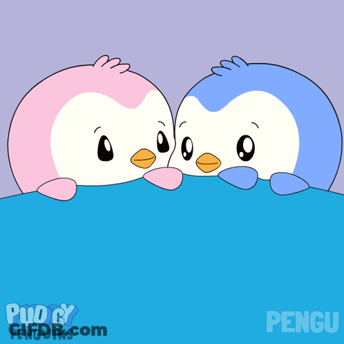 Two Pink And Blue Penguins Peeking Behind Pudding Logo GIF