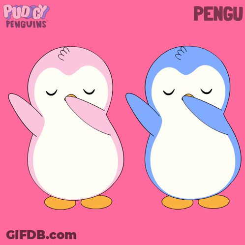 Two Pink And Blue Penguins Saying Pengu GIF