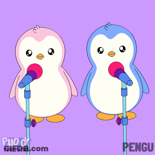 Two Pink And Blue Penguins Singing Into Microphones Pudgy Penguins GIF