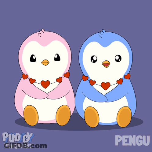 Two Pink And Blue Penguins With Heart Necklaces GIF