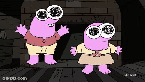 Two Pink Cartoon Characters Are Standing Next To Each Other In Front Of A Fireplace With The Words Adult Swim On The Bot GIF