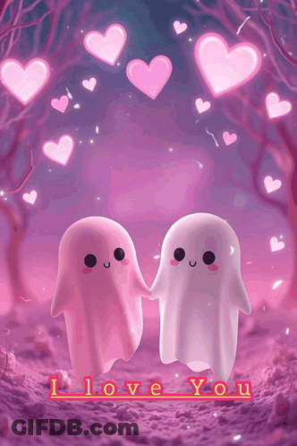 Two Pink Ghosts Holding Hands With The Words " I Love You " Written Below Them GIF
