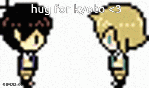 Two Pixel Art Characters Are Standing Next To Each Other With The Words Hug For Kyoto < 3 On The Bottom GIF