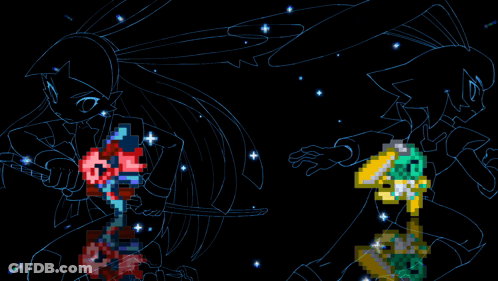 Two Pixel Art Girls Holding Swords GIF