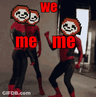 Two Pixelated Spidermans Are Standing Next To Each Other And The Words We Me Me Are Above Them GIF