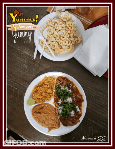Two Plates Of Food Saying Yummy Yummy GIF