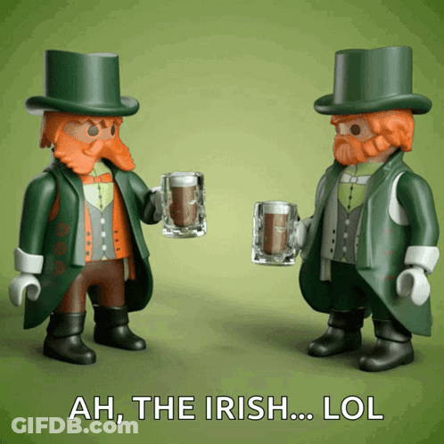 Two Playmobil Leprechauns Toasting With Beer Mugs Ah The Irish Lol GIF
