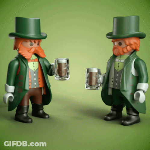 Two Playmobil Leprechauns Toasting With Beer Mugs GIF
