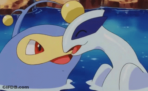 Two Pokemon Are Kissing In The Water And One Of Them Has A Yellow Ball On Its Head . GIF
