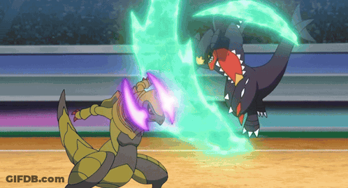 Two Pokemon Fighting With Purple Eye Light GIF