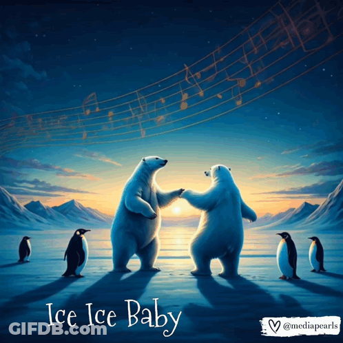 Two Polar Bears Dancing With Penguins In The Background And The Words Ice Ice Baby Written On The Bottom GIF