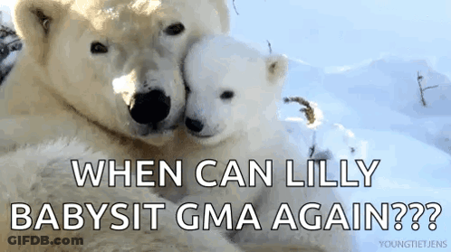 Two Polar Bears Hugging Each Other In The Snow With The Caption " When Can Lilly Babysit Gma Again ? " GIF