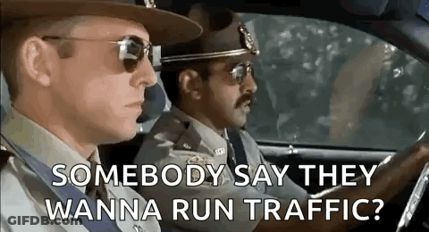 Two Police Officers Are Driving A Car And One Of Them Is Asking The Other If They Wanna Run Traffic . GIF