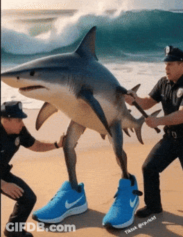 Police Officers Holding Shark Wearing Nike Shoes GIF