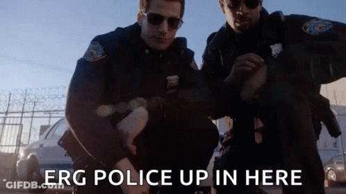 Two Police Officers Are Kneeling Next To Each Other With The Words Erg Police Up In Here Written Below Them GIF
