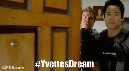 Two Police Officers Are Standing In Front Of A Door With #Yvettesdream Written On It GIF