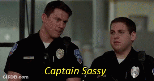 Two Police Officers Are Standing Next To Each Other And One Of Them Says Captain Sassy . GIF