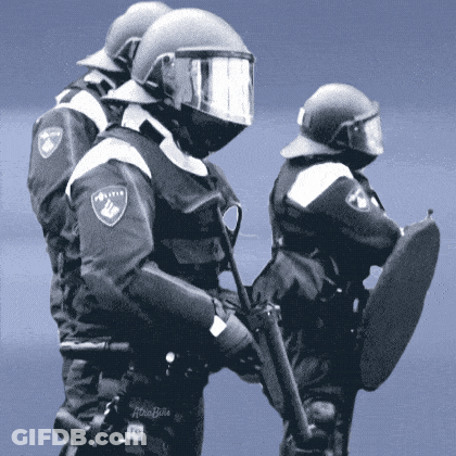 Two Police Officers Are Standing Next To Each Other With One Holding A Shield And The Other Holding A Gun GIF