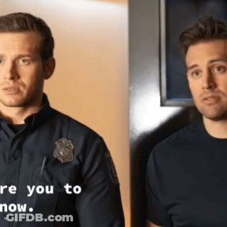 Two Police Officers Are Standing Next To Each Other With The Words " Are You To Now " On The Bottom Right GIF