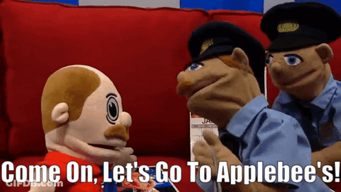 Two Police Officers Are Talking To A Puppet With The Words Come On Let 'S Go To Applebee 'S GIF