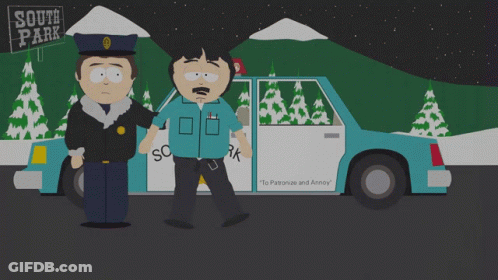Two Police Officers In Front Of South Park Car GIF