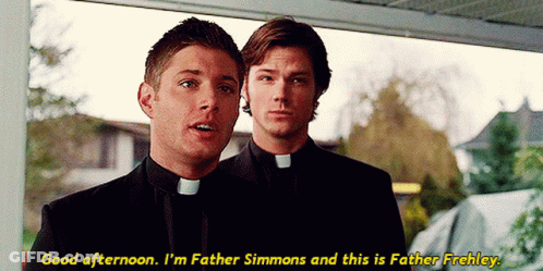 Two Priests Saying Good Afternoon On Porch GIF