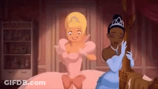 Two Princesses Standing On Bed GIF