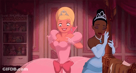 Two Princesses Standing, One With Tiara GIF