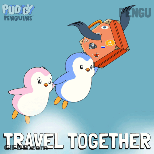 Two Pudgy Penguins Flying Carrying Suitcase GIF