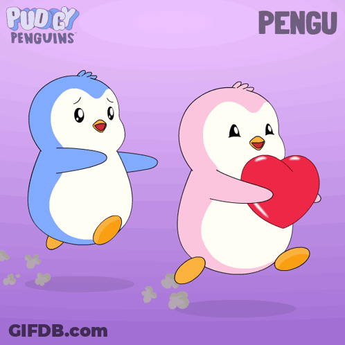Two Pudgy Penguins Holding Hearts GIF
