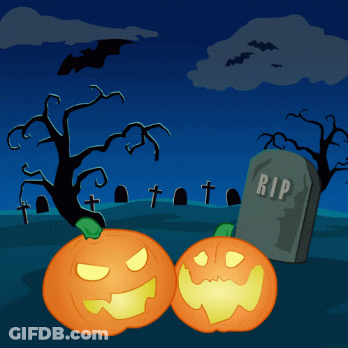 Two Pumpkins Next To Gravestone Saying RIP GIF