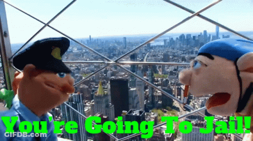 Two Puppet Characters Looking Over City Saying You're Going To Jail GIF