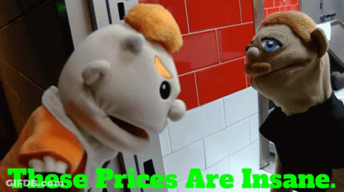 Two Puppet Characters Saying These Prices Are Insane GIF