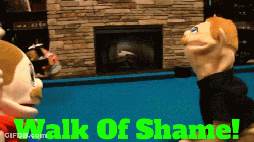 Two Puppet Characters Walk Of Shame GIF