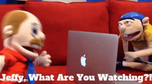 Two Puppets Red Couch Laptop Jeffy What Are You Watching GIF