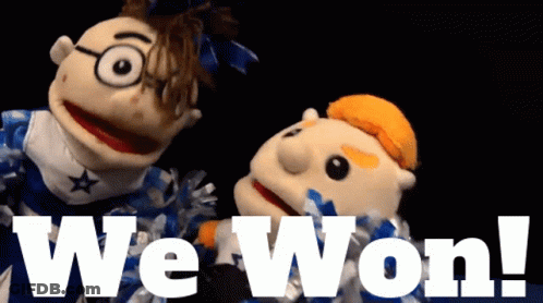 Two Puppets Standing Next To Each Other With The Words We Won Behind Them GIF