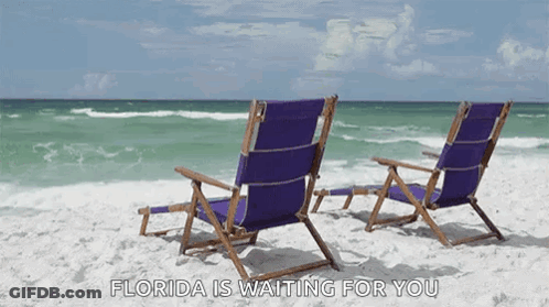 Two Purple Beach Chairs On A Sandy Beach With The Words Florida Is Waiting For You GIF