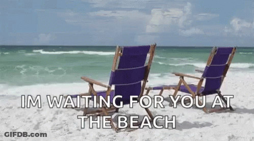 Two Purple Beach Chairs On A Sandy Beach With The Words Im Waiting For You At The Beach GIF