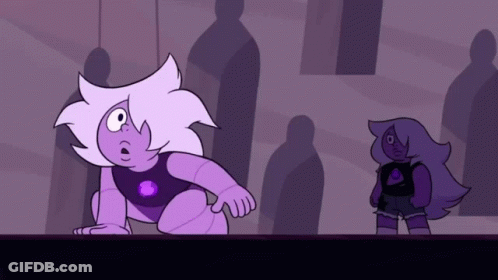 Two Purple Cartoon Characters Are Standing Next To Each Other With Shadows Behind Them GIF