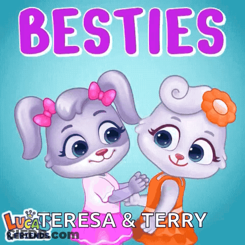 Two Rabbits Are Standing Next To Each Other With The Words Besties On The Bottom GIF